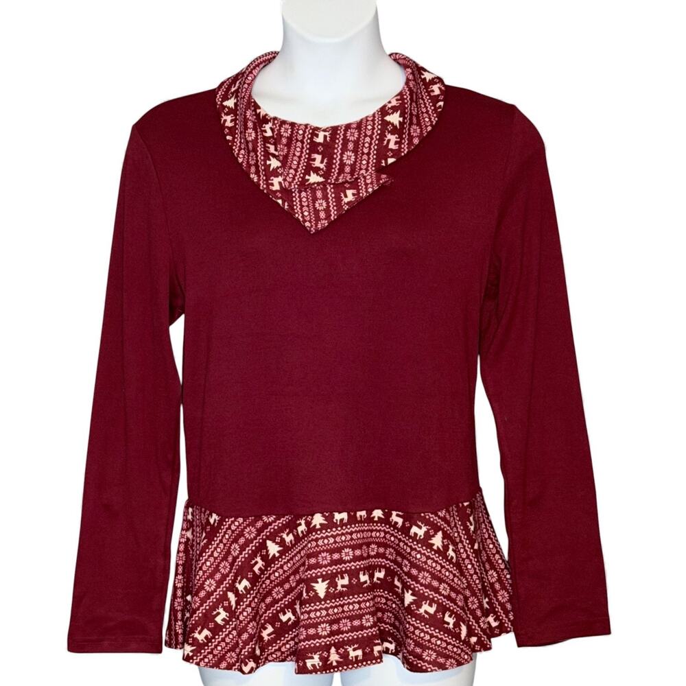 Cyanstyle Burgundy Holiday Tunic Sweater XL Cowl Neck Peplum Hem Cozy Fair Isle